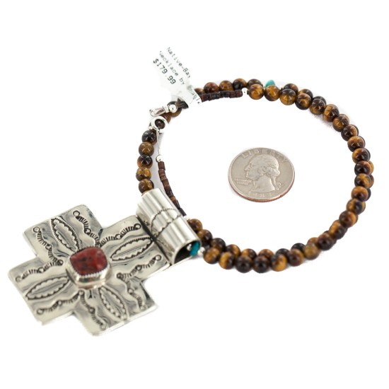 Cross .925 Sterling Silver Nickel Handmade Certified Authentic Navajo Natural Turquoise Tigers Eye Coral Native American Necklace 18224-2-15786-101