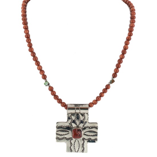 Cross .925 Sterling Silver Nickel Handmade Certified Authentic Navajo Natural Turquoise Goldstone Coral Native American Necklace 18224-3-15786