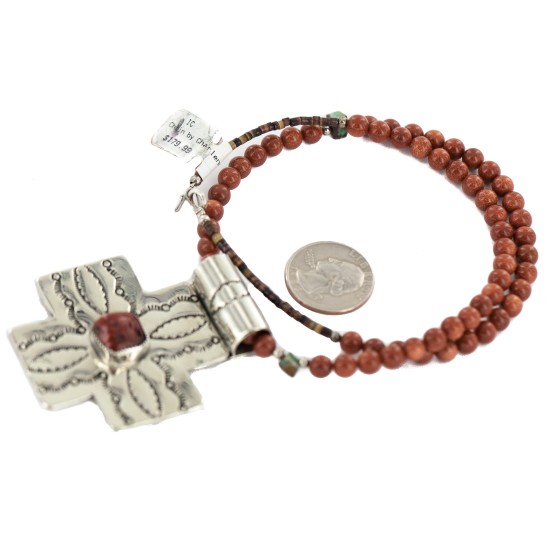 Cross .925 Sterling Silver Nickel Handmade Certified Authentic Navajo Natural Turquoise Goldstone Coral Native American Necklace 18224-3-15786
