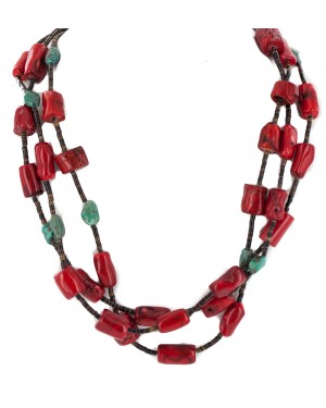 Certified Authentic 3 Strand Navajo .925 Sterling Silver Coral and Natural Turquoise Native American Necklace 25336