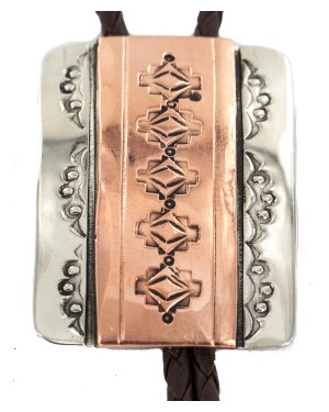 Certified Authentic Handmade Leather Navajo Pure Copper and Nickel Native American Bolo Tie 24489-6