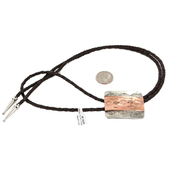 Certified Authentic Handmade Navajo Leather Pure Copper and Nickel Native American Bolo Tie 24489-1 Certified Authentic Handmade Navajo Leather Pure Copper and Nickel Native American Bolo Tie 24489-1
