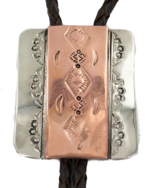Certified Authentic Handmade Navajo Leather Pure Copper and Nickel Native American Bolo Tie 24489-1