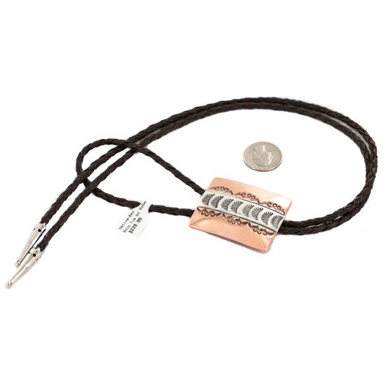 Certified Authentic Handmade Navajo Leather Pure Copper and Nickel Native American Bolo Tie 24489-3