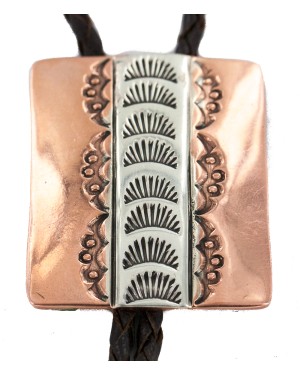 Certified Authentic Handmade Navajo Leather Pure Copper and Nickel Native American Bolo Tie 24489-3