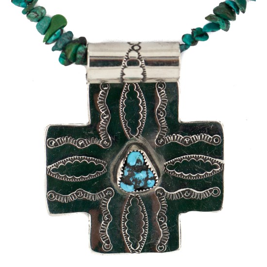 Cross .925 Sterling Silver Nickel Handmade Certified Authentic Navajo Natural Turquoise Coral Native American Necklace 18224-6-15917-15