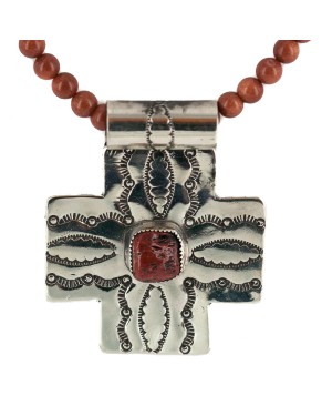 Cross .925 Sterling Silver Nickel Handmade Certified Authentic Navajo Natural Turquoise Goldstone Coral Native American Necklace 18224-3-15786