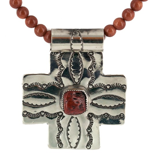 Cross .925 Sterling Silver Nickel Handmade Certified Authentic Navajo Natural Turquoise Goldstone Coral Native American Necklace 18224-3-15786