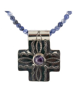 Cross .925 Sterling Silver Nickel Handmade Certified Authentic Navajo Natural Turquoise Lapis Native American Necklace 18224-4-15786-102