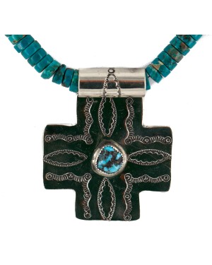 Cross .925 Sterling Silver Nickel Handmade Certified Authentic Navajo Natural Turquoise Native American Necklace 18224-5-18209