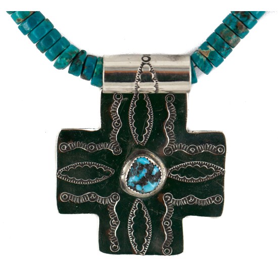 Cross .925 Sterling Silver Nickel Handmade Certified Authentic Navajo Natural Turquoise Native American Necklace 18224-5-18209