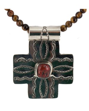 Cross .925 Sterling Silver Nickel Handmade Certified Authentic Navajo Natural Turquoise Tigers Eye Coral Native American Necklace 18224-2-15786-101