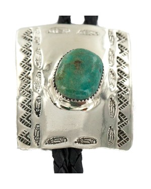Handmade Certified Authentic Feather Mountain Navajo Leather Nickel Natural Turquoise Native American Bolo Tie 24488-1