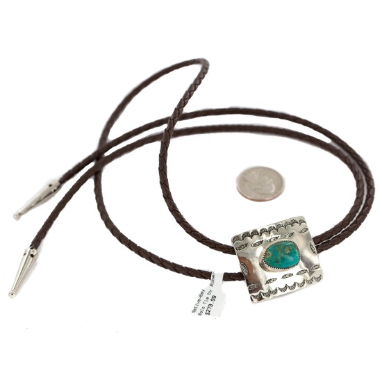 Handmade Certified Authentic Feather Navajo Leather Nickel Natural Turquoise Native American Bolo Tie 24488-4