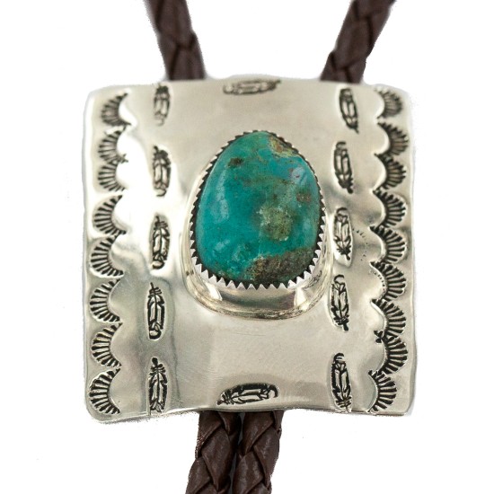 Handmade Certified Authentic Feather Navajo Leather Nickel Natural Turquoise Native American Bolo Tie 24488-4