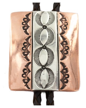 Handmade Certified Authentic Leather Navajo Pure Copper and Nickel Native American Bolo Tie 24489-4