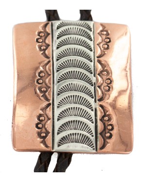Handmade Certified Authentic Leather Navajo Pure Copper and Nickel Native American Bolo Tie 24489-8