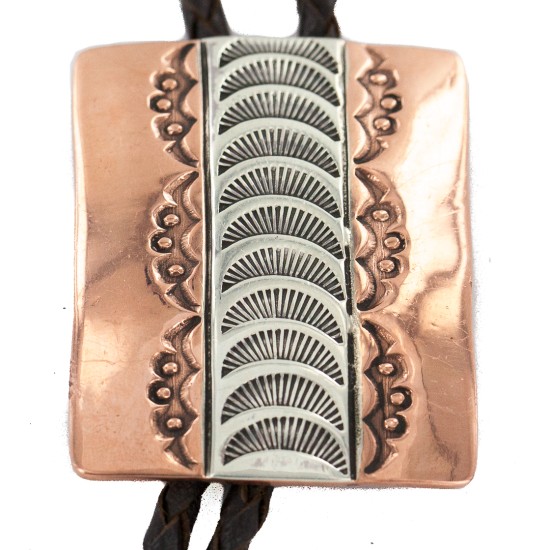 Handmade Certified Authentic Leather Navajo Pure Copper and Nickel Native American Bolo Tie 24489-8