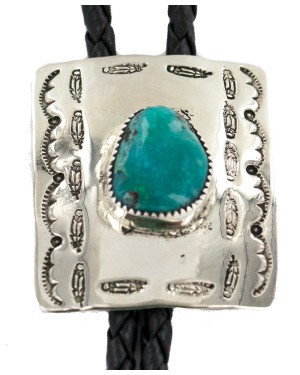 Handmade Certified Authentic Navajo Leather Nickel Natural Turquoise Native American Bolo Tie 24488-2