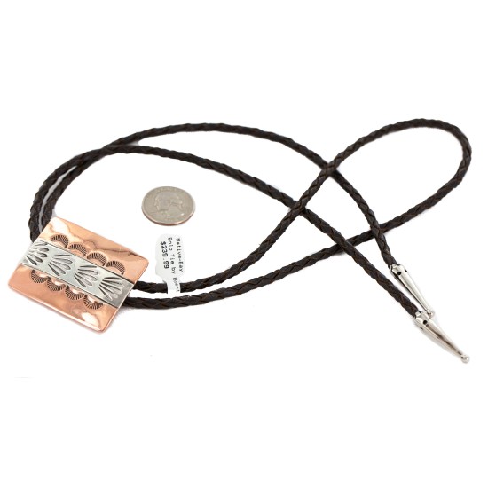 Handmade Certified Authentic Navajo Leather Pure Copper and Nickel Native American Bolo Tie 24489-5