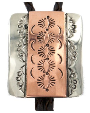 Handmade Certified Authentic Navajo Leather Pure Copper and Nickel Native American Bolo Tie 24489-7