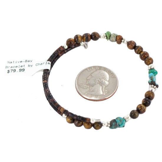 Certified Authentic Navajo Natural Turquoise Heishi Tigers Eye Native American Adjustable Wrap Bracelet 13139-2