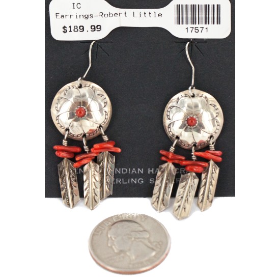 Certified Authentic Handmade .925 Sterling Silver Navajo Dream Catcher Coral Native American Dangle Earrings 17571