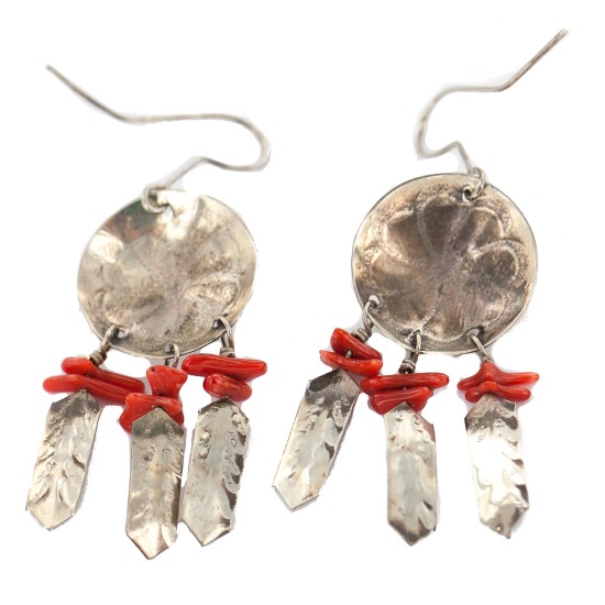 Certified Authentic Handmade .925 Sterling Silver Navajo Dream Catcher Coral Native American Dangle Earrings 17571