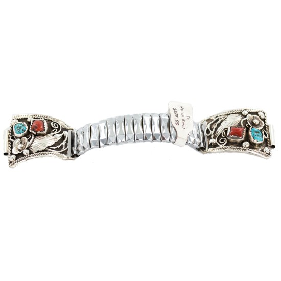 .925 Sterling Silver Handmade Certified Authentic Navajo Natural Turquoise Coral Native American Watchband 1131