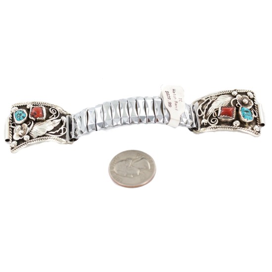 .925 Sterling Silver Handmade Certified Authentic Navajo Natural Turquoise Coral Native American Watchband 1131