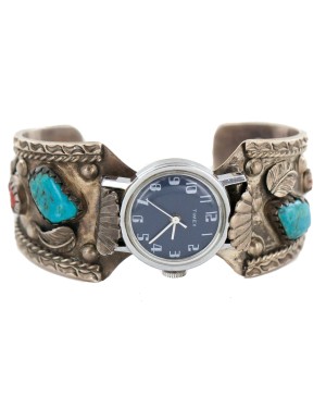 .925 Sterling Silver Handmade Certified Authentic Signed Navajo Natural Turquoise Coral Native American Watchband 11111