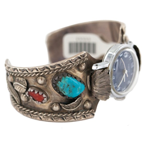 .925 Sterling Silver Handmade Certified Authentic Signed Navajo Natural Turquoise Coral Native American Watchband 11111