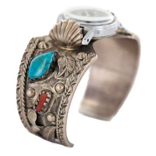 .925 Sterling Silver Handmade Certified Authentic Signed Navajo Natural Turquoise Coral Native American Watchband 11111