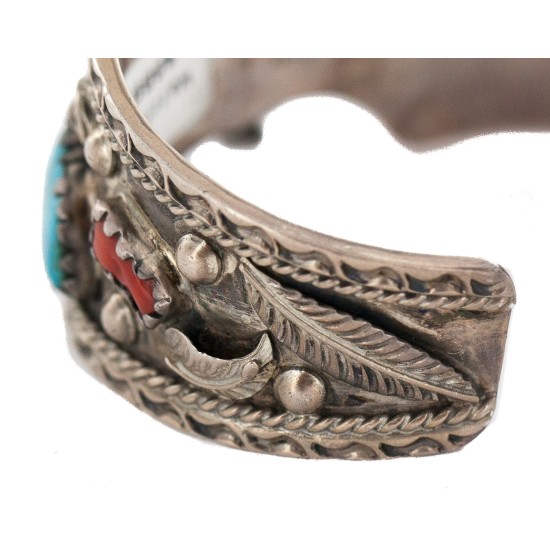 .925 Sterling Silver Handmade Certified Authentic Signed Navajo Natural Turquoise Coral Native American Watchband 11111