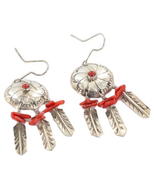 Certified Authentic Handmade .925 Sterling Silver Navajo Dream Catcher Coral Native American Dangle Earrings 17571