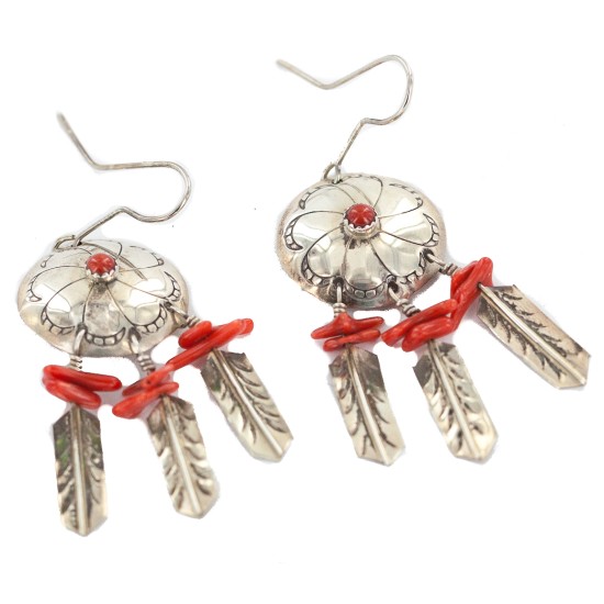 Certified Authentic Handmade .925 Sterling Silver Navajo Dream Catcher Coral Native American Dangle Earrings 17571