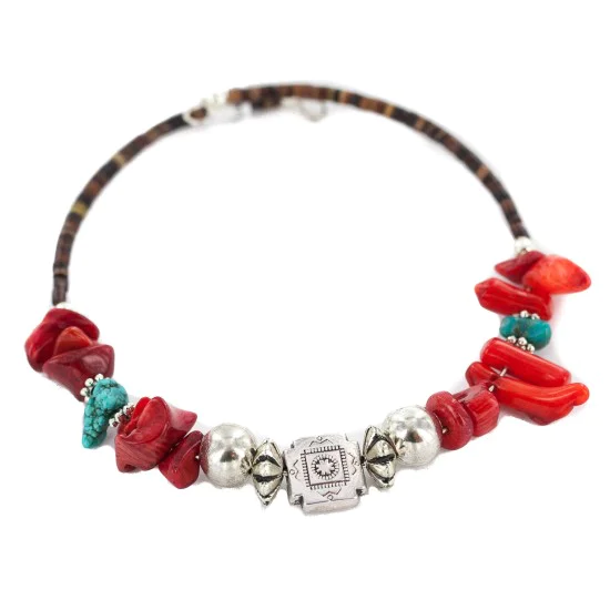 Navajo Natural Turquoise Heishi Coral Native American Adjustable Wrap Bracelet 13139-10 Navajo Natural Turquoise Heishi Coral Native American Adjustable Wrap Bracelet 13139-10