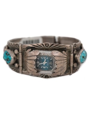 .925 Sterling Silver Handmade Certified Authentic Signed Navajo Natural Turquoise Coral Native American Watchband 1132