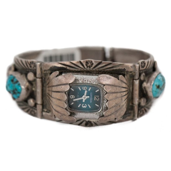 .925 Sterling Silver Handmade Certified Authentic Signed Navajo Natural Turquoise Coral Native American Watchband 1132