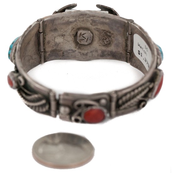 .925 Sterling Silver Handmade Certified Authentic Signed Navajo Natural Turquoise Coral Native American Watchband 1132