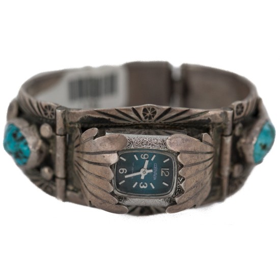 .925 Sterling Silver Handmade Certified Authentic Signed Navajo Natural Turquoise Coral Native American Watchband 1132