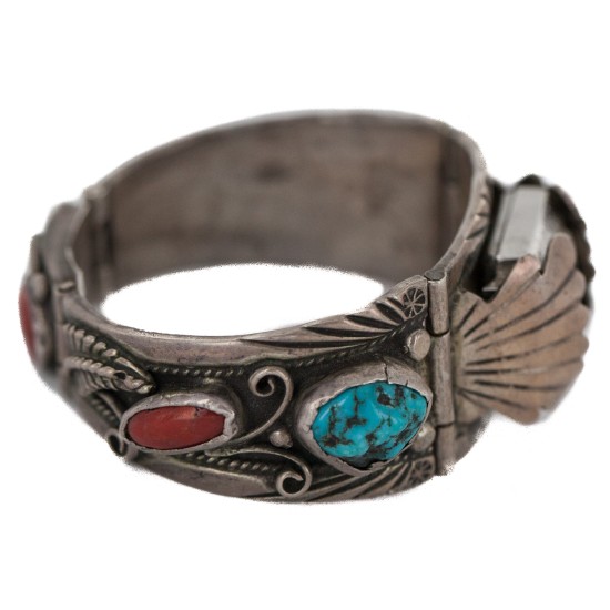 .925 Sterling Silver Handmade Certified Authentic Signed Navajo Natural Turquoise Coral Native American Watchband 1132