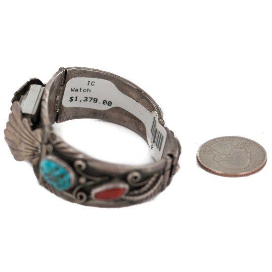 .925 Sterling Silver Handmade Certified Authentic Signed Navajo Natural Turquoise Coral Native American Watchband 1132