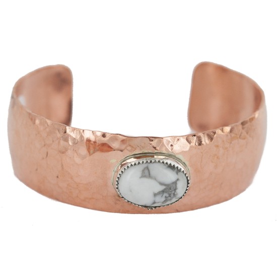 Certified Authentic Navajo Handmade Hammered Navajo White Howlite Native American Pure Copper Bracelet 13142-2