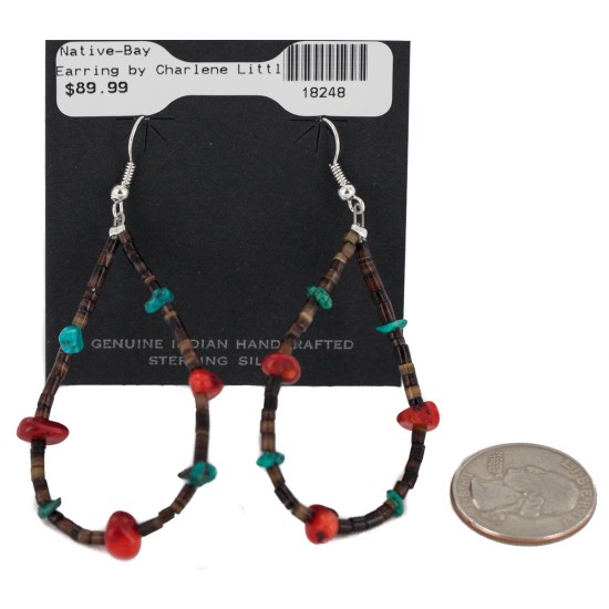 Certified Authentic .925 Sterling Silver Hooks Natural Turquoise Heishi Coral Hoop Native American Dangle Earrings 18248