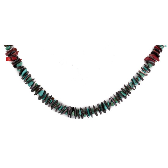 Navajo .925 Sterling Silver Certified Authentic Natural Turquoise Graduated Heishi Coral Native American Necklace 18232