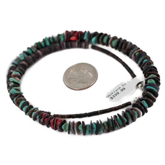 Navajo .925 Sterling Silver Certified Authentic Natural Turquoise Graduated Heishi Coral Native American Necklace 18232