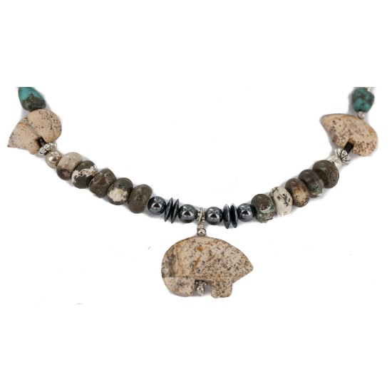 Carved Fetish Bear .925 Sterling Silver Hooks Certified Authentic Navajo Natural Turquoise and Jasper Native American Set 18234-1-18238