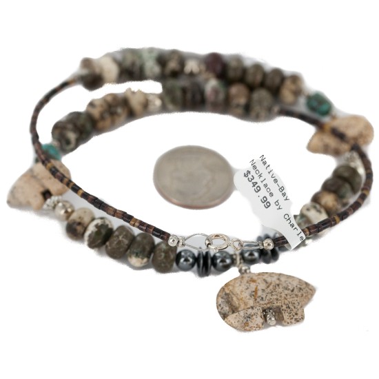 Carved Fetish Bear .925 Sterling Silver Hooks Certified Authentic Navajo Natural Turquoise and Jasper Native American Set 18234-1-18238