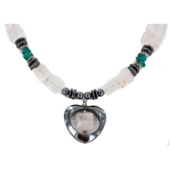 Heart .925 Sterling Silver Hooks Certified Authentic Navajo Natural Turquoise Pink Quartz and Hematite Native American Set 18234-3-18237-2